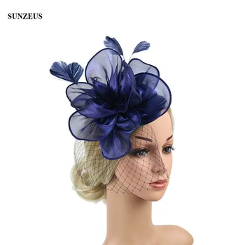 

Blue Organza Bridal Party Hats With Veil Beautiful Feathers Jockey Club Top Hat 2019 Tocados De Novia SQN038