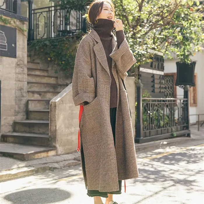 New Autumn Long Women Wool Coat Lapel Fashion Belt Slim Female Elegant Vintage Jacket Overcoat For Office Ladies Plus Size f1512 - Цвет: brown plaid