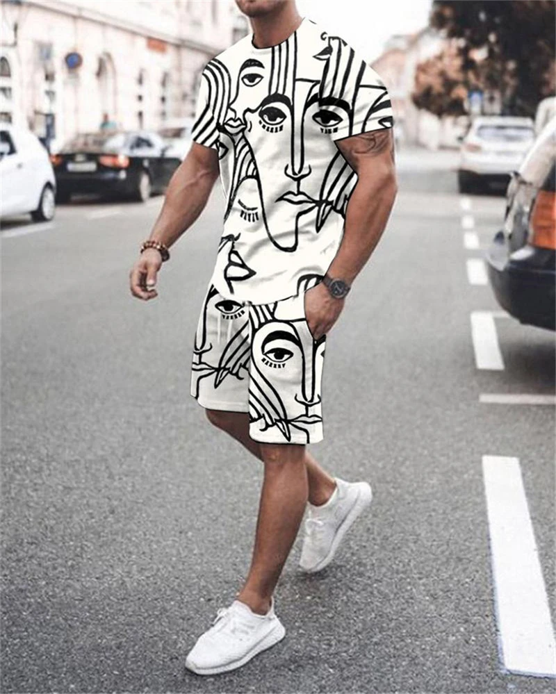 2022 New Printed Oversized custom T-shirt Shorts Set Graffiti texture Two Piece Set Outfits Harajuku Large Size Punk Tops Suit mens sweatsuits sets