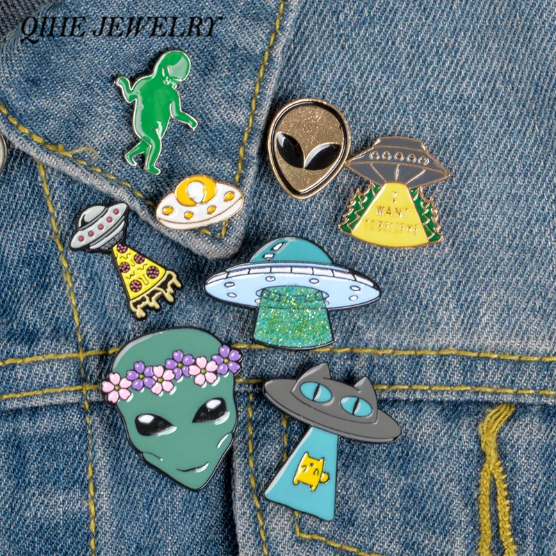 

QIHE JEWELRY Alien and UFO Enamel Pins Collection Outer Space Lapel pins Green Alien Badges Brooches for Geeks/Him/Her