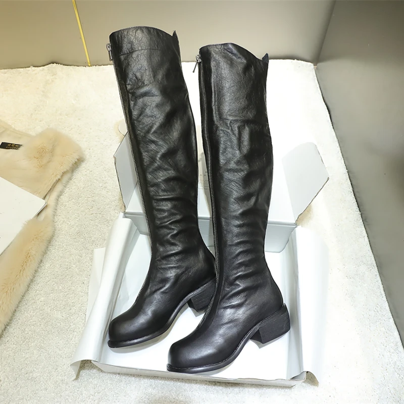 

BELLECOMBoots Woman Overknee 2019 Winter Genuine Leather Skinny High With Coarse With Long Canister Front Zipper Knight Boots