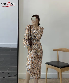 

VICONE Vintage Floral Print Slim Waist A-line Dress Women Summer Spring Chiffon Female Chic Office Long Dresses