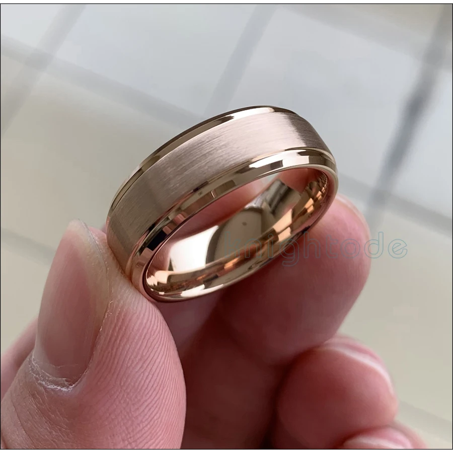 6mm 8mm Rose Gold Tungsten Carbide Wedding Band Ring Men  Women Jewelry Gift Beveled Stepped Edges Brushed Finish Comfort Fit