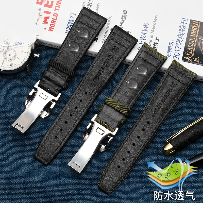 Green and Black Nylon Leather Watch Band Strap with Silver Pin Buckle - High Quality