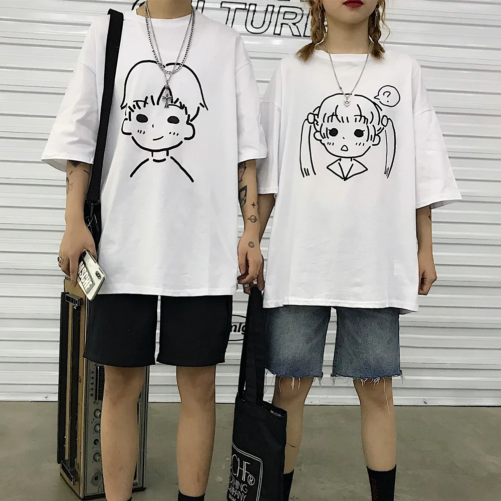 Футболка с принтом из мультфильма Женская и мужская Harajuku, пара топов, летняя футболка, Корейская одежда больших размеров, рубашка с короткими рукавами и круглым вырезом V693