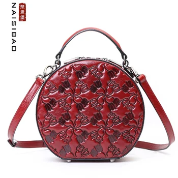 

NAISIBAO Women Genuine Leather bag excellent cowhide Round bag luxury handbags women bags designer fashion Embossing bag