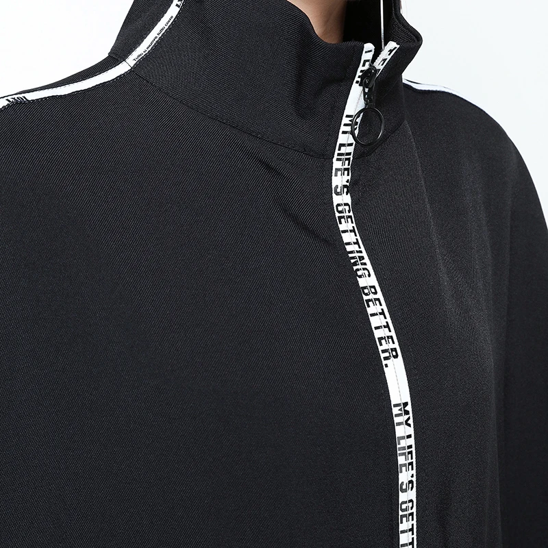 [EAM] пружинная подставка воротником с длинным рукавом черное на молнии с надписями нерегулярные большой Размеры одноцветное платье Для женщин моды прилив JE65001
