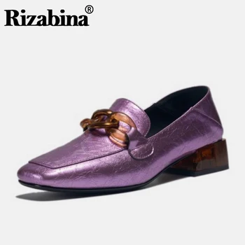 

RIZABINA Women Real Leather Pumps Buckle Chain Fashion Thick Heel Shoes Woman Office Lady Casual Daily Footwear Size 34-42