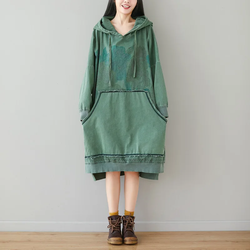 Женское весеннее Платье с принтом размера плюс, рукав летучая мышь, винтажное платье, женское платье с капюшоном, нестандартный размер, женское свободное ретро платье - Цвет: Green2