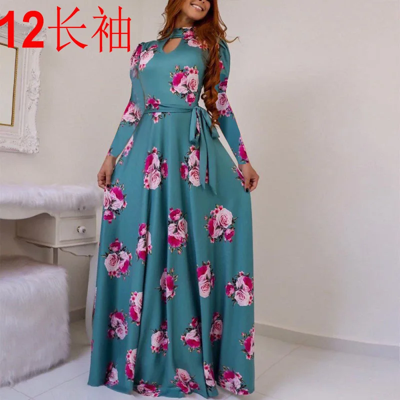 sleeves dark green Новое богемное длинное платье с принтом большое женское платье Элегантное повседневное шифоновое длинное платье с цветочным принтом высокого качества - Цвет: sleeves dark green