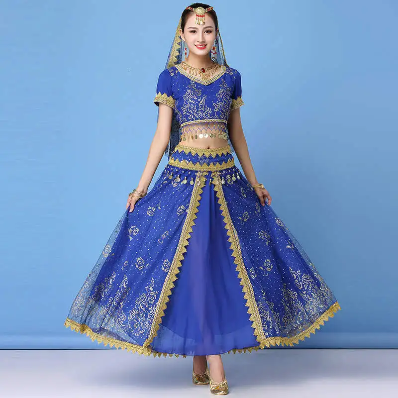Royal blue Индийское сари наряд Одежда для танцев Женская сценическая одежда Болливуд 8 шт. набор костюма для танца живота с цветочным принтом розы - Цвет: Royal blue
