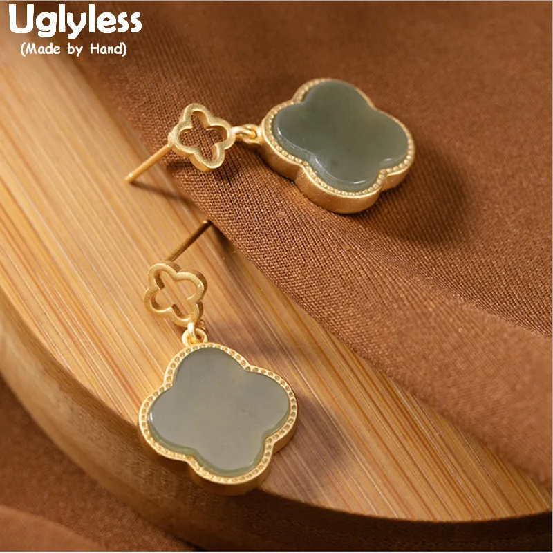 

Uglyless Natural Jade Clover Earrings for Women Hollow Clovers Floral Earrings Gold 925 Silver Gemstones Brincos Fashion Jewelry