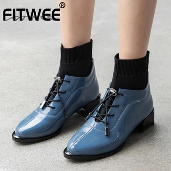 

FITWEE Size 34-43 Women Ankle Boots Real Leather Patchwork Woman Shoes Fashion Thick Heel Cool Autumn Women Short Boots