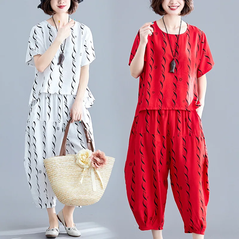 

Photo Shoot 2019 Summer Ethnic-Style Large Size Loose Cotton Linen Short-sleeved Top Women's Harem Pants Two-Piece Set