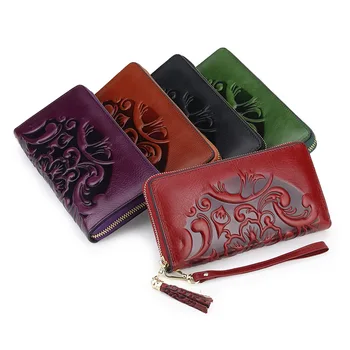

Genuine Leather Womens Wallets and Purses Vintage Printing Long Money Bag Clutch Popular Coin Zipper Card Cash Pocket Lady Purse