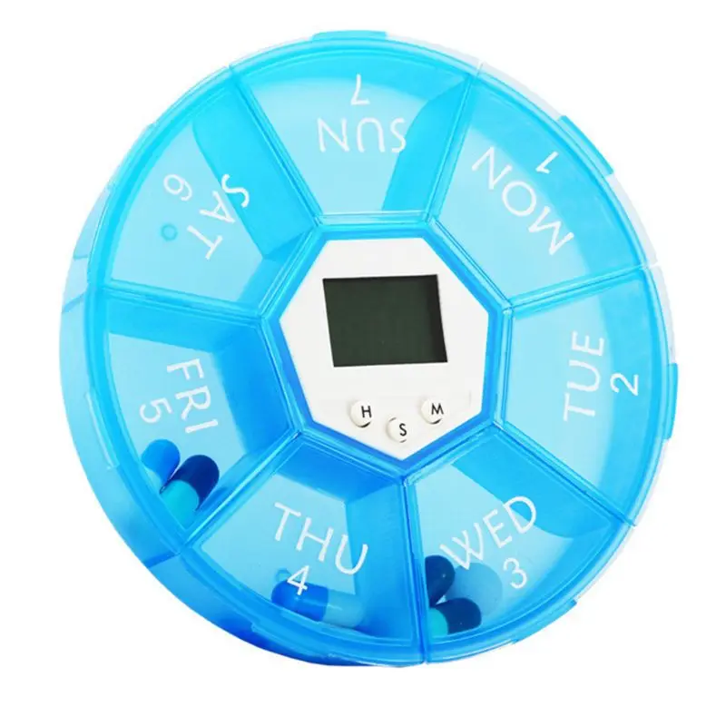7 Grids Pill Box Electric Reminder Timer Alarm Weekly Round Organizer Medicine Case