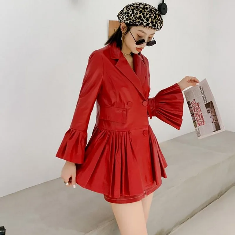 High Street Womens Double Breasted Slim Fit Genuine Leather Jackets Fashion Long Flare Sleeve Pleated Sheepskin Coats Plus Size