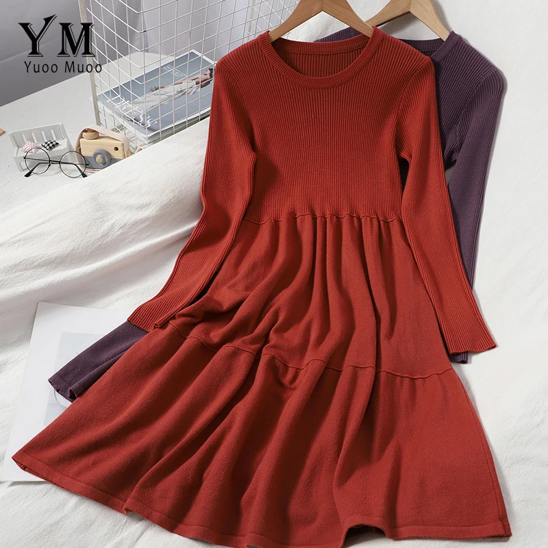 YuooMuoo Casual Women Long Sleeve Sweater Dress Korean Fashion All Match Autumn Winter Female O Neck A Line Knitted | Женская одежда