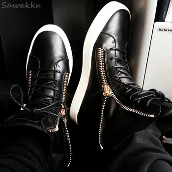 

Fashion Celebrity Stars Men Casual Shoes Lace-up High Top Kanye Vulcanize Shoes Zipper Spring Autumn Black Platform Sneakers