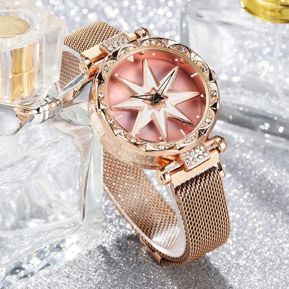 

Vintage Unique Women Rhinestone Hollow Flower Round Dial Magnetic Buckle Quartz Wrist Watch Gift femal relogio feminino
