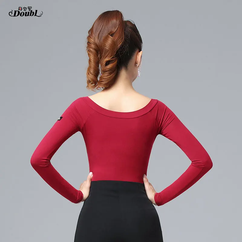DOUBL Factory Modern Dance Training Dress Red Female Body Dress Top Latin Dance Dress Social Dance Workout Shirt long sleeve