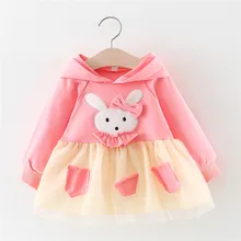 Весенне-осеннее платье для девочек, с капюшоном, с рисунком кролика, с галстуком-бабочкой, в стиле пэчворк, газовое,, детская одежда для девочек