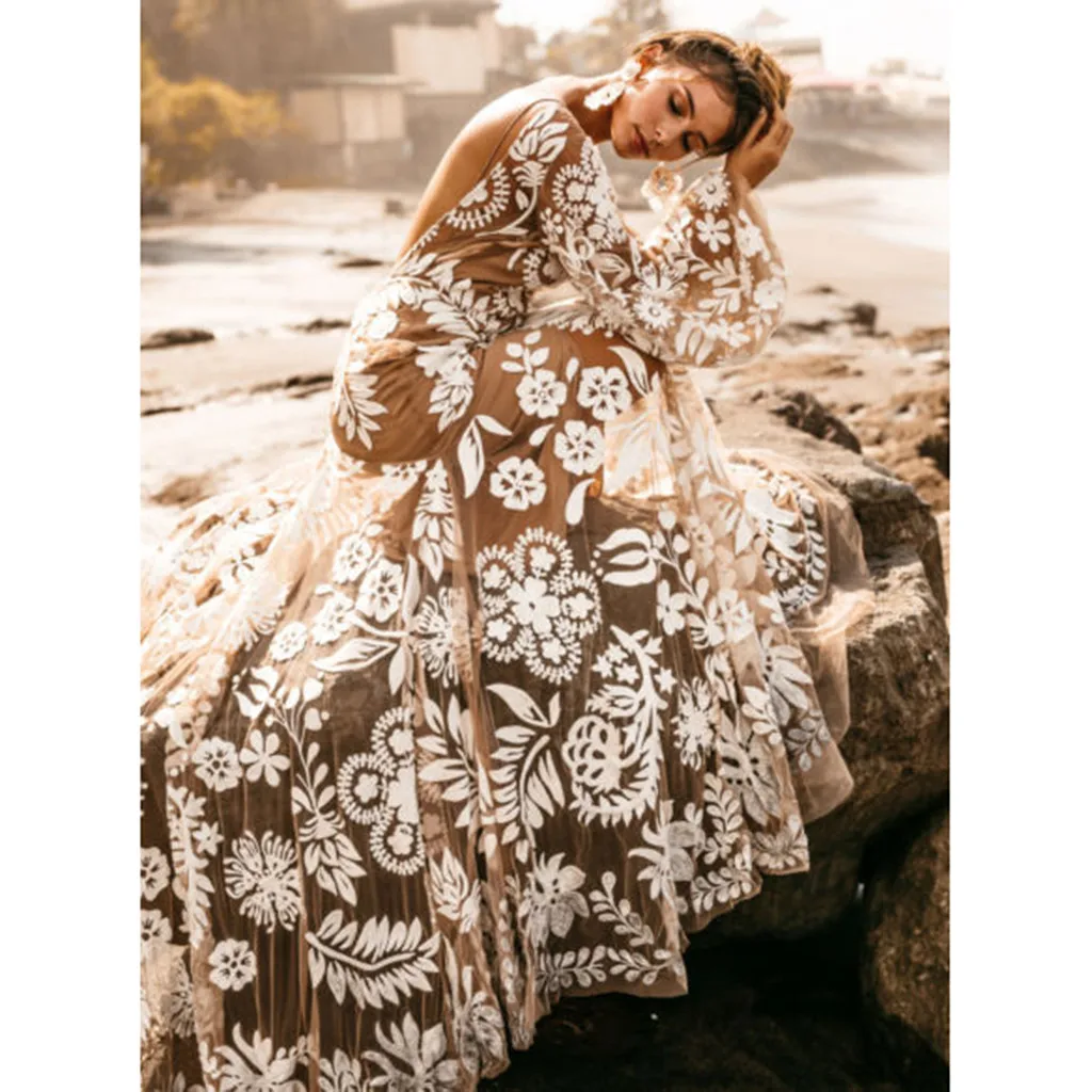 

Boho Women Holiday Pantern Sleeve Backless V-Neck Evening Gown Dress High Slit Peplum Bodycon dresses woman party night 41*