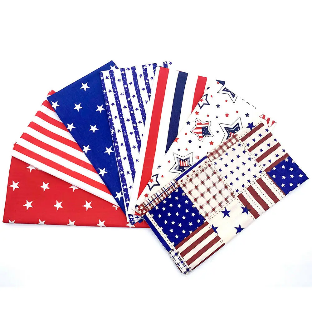 7Pcs/set Stars Stripe Printed American Flag Style 100% Cotton Twill Fabric Square Patchwork Home Textile Cloth Group Diy Sewing