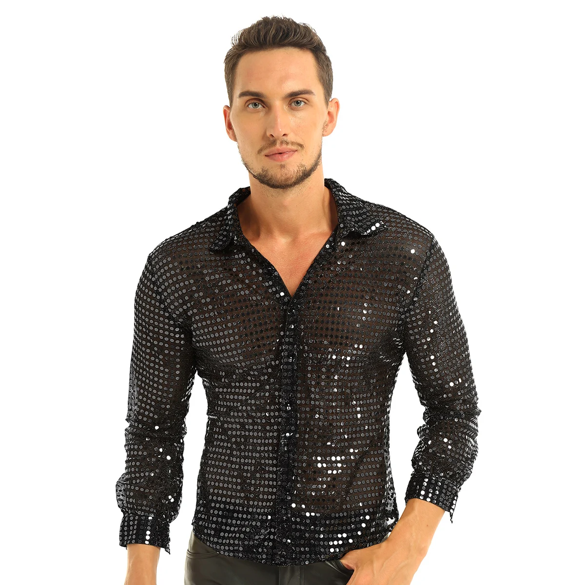 thumbnail image 1 of Camiseta de discoteca de los años 70 para hombre, ropa de disfraces holográfica con lentejuelas brillantes, malla transparente, ropa de club, camiseta de actuación de baile de discoteca, 1 of 5