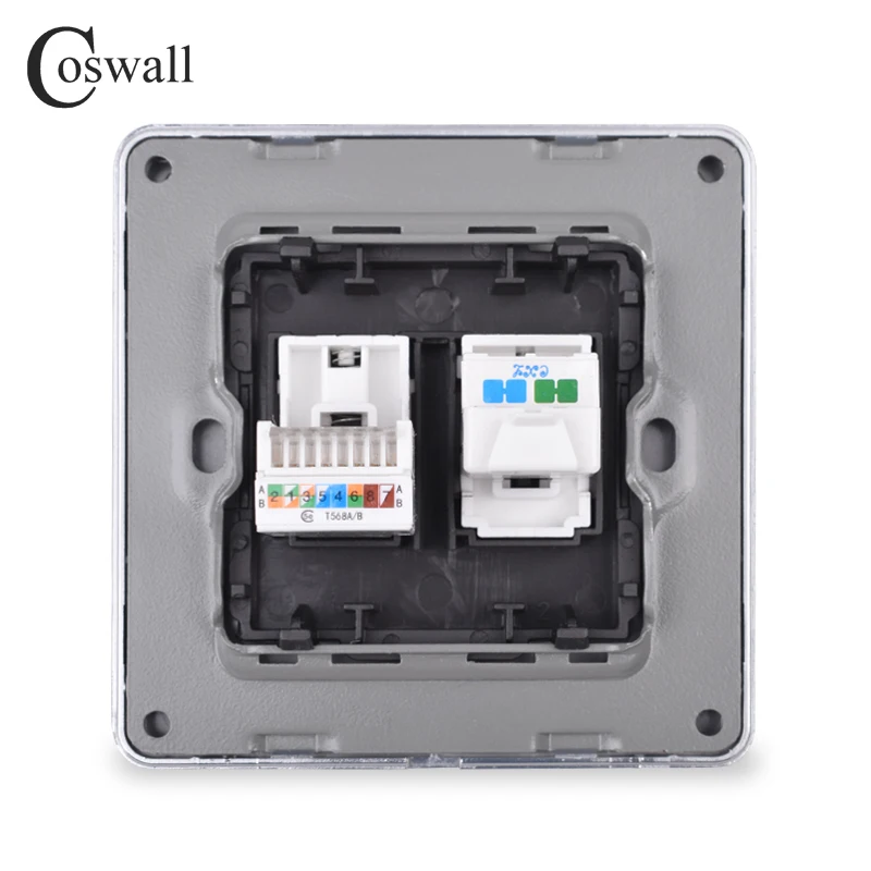 COSWALL RJ45 Интернет-разъем для передачи данных CAT5E разъем с 2 ядрами RJ11 телефонная розетка из нержавеющей стали матовая панель настенная розетка