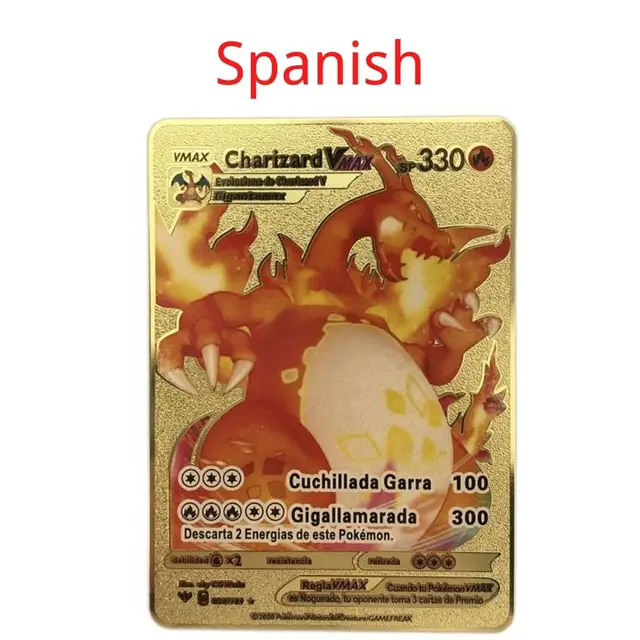Spanish Pokemon Metal Card Pikachu Fire-breathing Dragon VMAX Gold V/GX/OX Card Toys Play Games Collection Card Children's Gifts 16