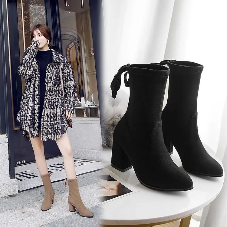 

2019 Autumn And Winter New Style Tube Stretch Boots Women's Suede Pointed High Heels Foot Covering Western Style Chunky-Heel Lac
