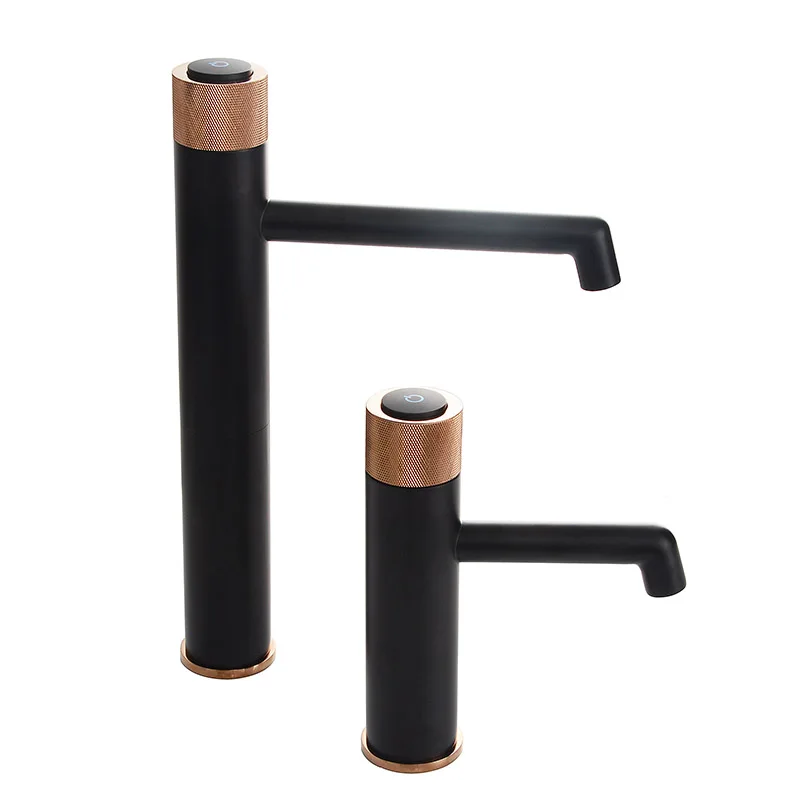 Matt Black+Rose Gold Knurling Press Handle Bathroom Basin Faucet Deck Mounted Hot And Cold Water Mixer Tap Tall Style and short