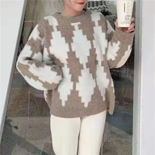 RUGOD вязаный свитер большого размера с алмазным узором, пуловер, джемпер, трикотаж, Зимние Топы для женщин, корейский стиль, женские свитера - Цвет: Хаки