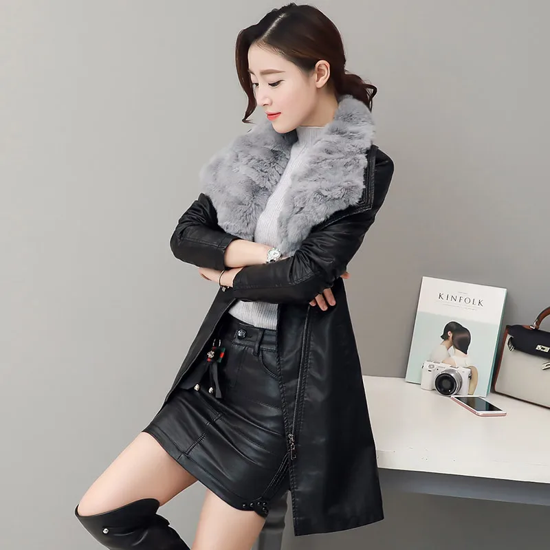 

WOMEN'S Dress Fall And Winter Clothes New Style Fur Collar Pu Thick Leather Cotton-padded Clothes Women's Mid-length Slim Fit Sl