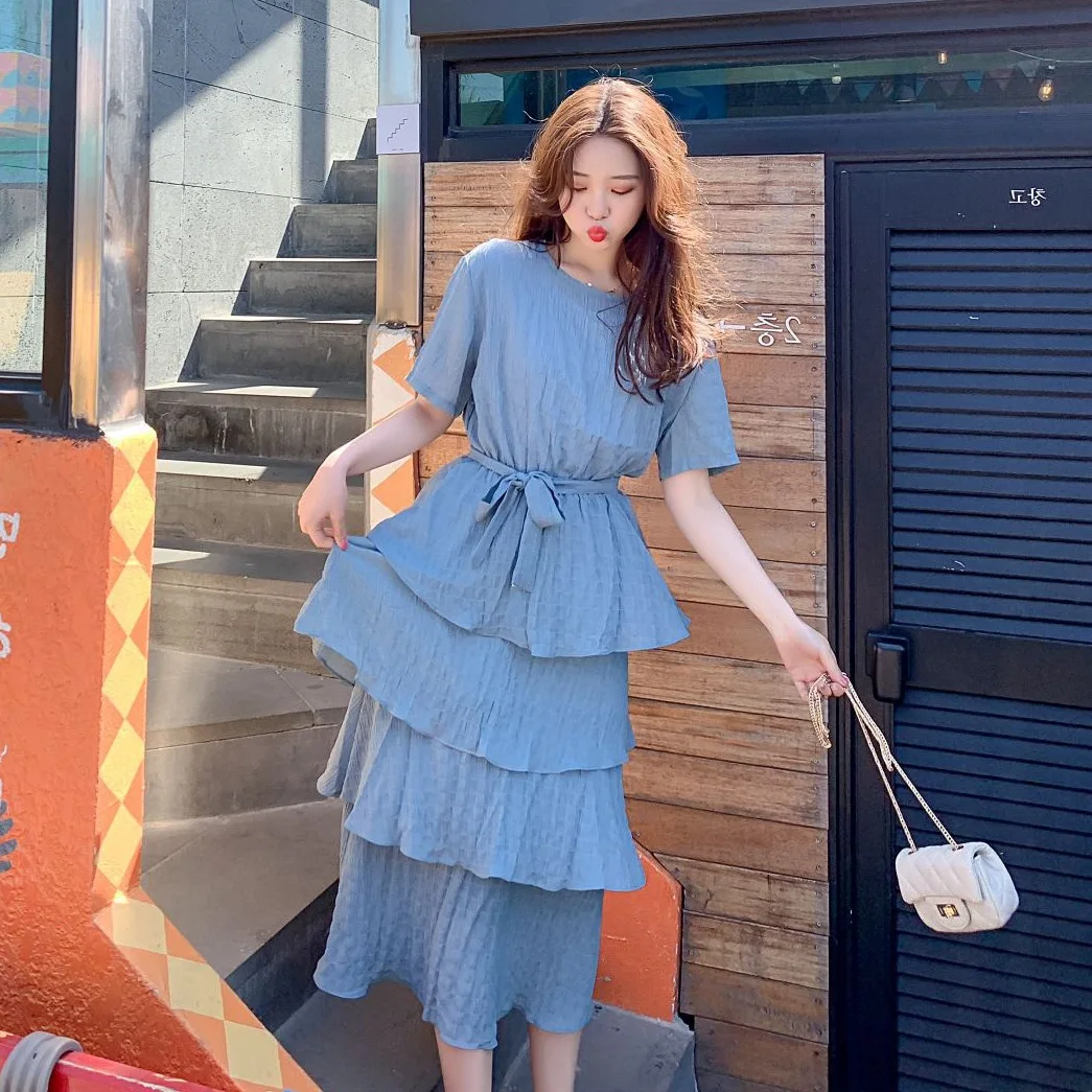 

Photo Shoot Platycodon Grandiflorum First Love Cake Dress CHIC Blue Mid-length Crew Neck Waist Hugging Lace-up Immortal of Dress