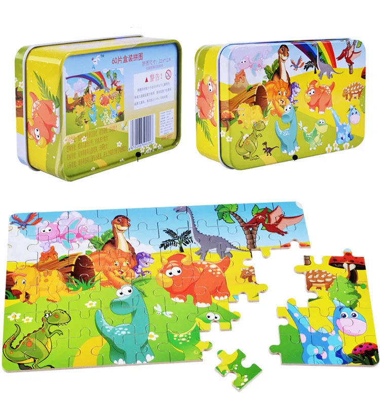 DIY креативные 60 штук деревянные головоломки мультфильм животных головоломки железная коробка раннего обучения игрушки подарки для детей дети ребенок