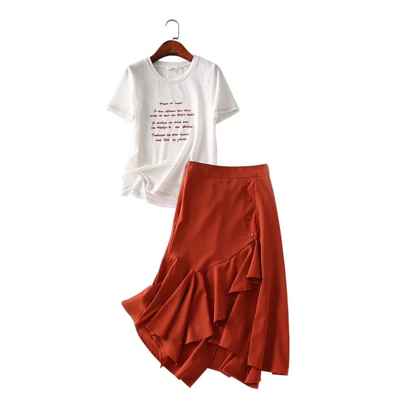 

One's Trendy Letters Embroidered T-shirt Irregular Skirt Two-Piece Set Entity