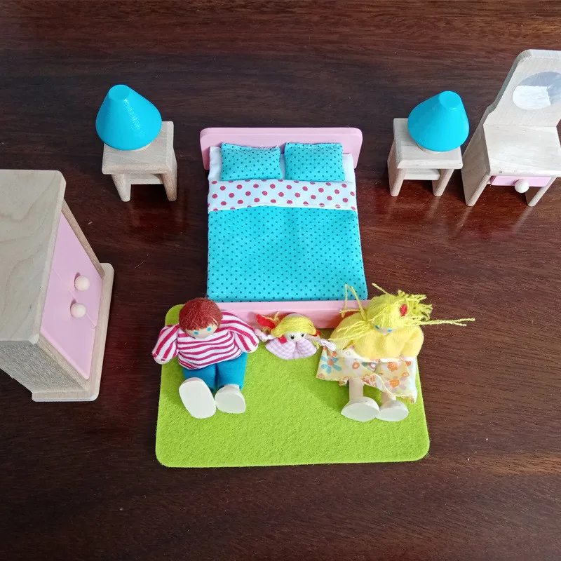Wooden Dollhouse Colorful Miniature Furniture Set With Dolls Education House Play Toys For Kids Christmas Gifts 3