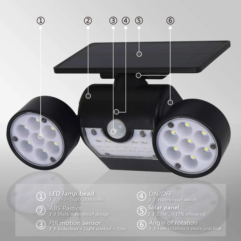 Solar Light Outdoor Motion Sensor Solar Wall Light with Dual Head Spotlights 30 LED Waterproof LB88