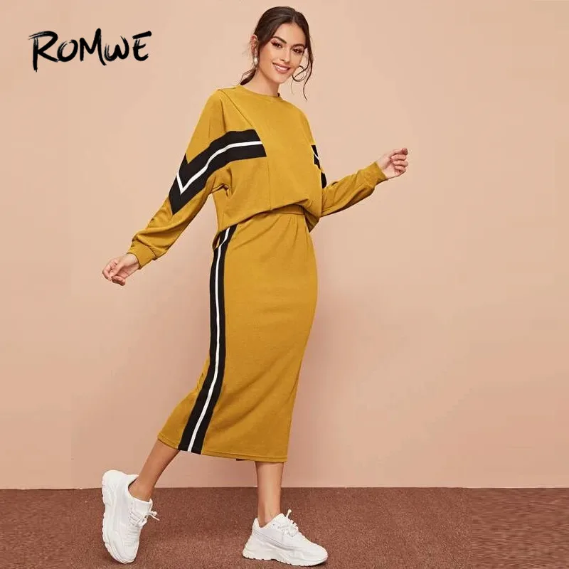 Cena ROMWE w paski, teksturowana górna i podziel powrót spódnica ołówkowa 2 sztuka zestaw kobiety na co dzień z długim rękawem dres spódnica trzy czwarte dwuczęściowy strój