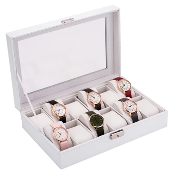

12 Slots Leather Watch Box Display Storage Case Organizer Holder for Men Women with Lock Glass Lid White[US-Stock]