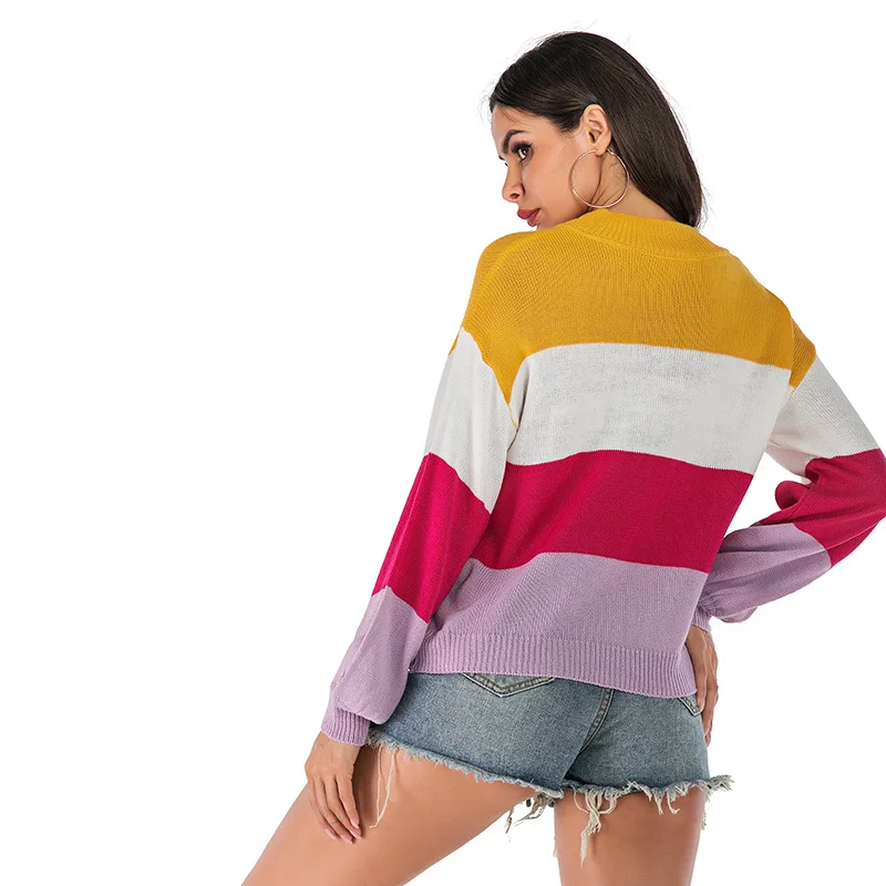 Fall/winter 2020 knitwear fashion color matching long sleeve pullover sweater women wear suetmujer winter rainbow Sweater women Fall/winter 2020 knitwear fashion color matching long sleeve pullover sweater women wear suetmujer winter rainbow Sweater women