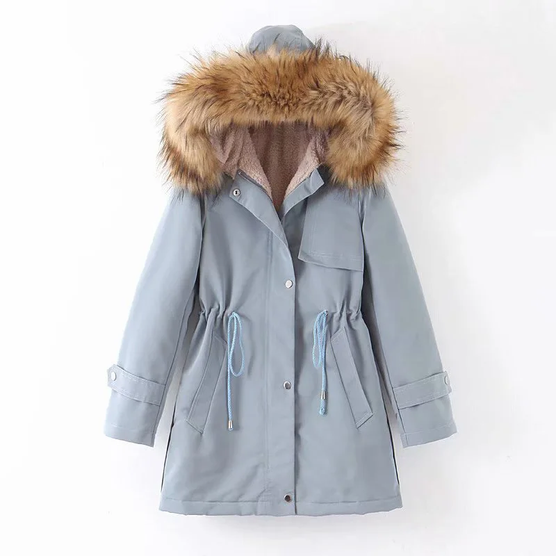 

F6995-Western Style WOMEN'S Dress 2019 Winter New Style Fur Collar Drawstring plus Velvet Hooded Cotton Overcoat Women's