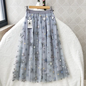 

New Summer High Quality Heavy Industries Embroidery Star Sky Mesh Half length Skirt Fairy Tide High Waist Skirt