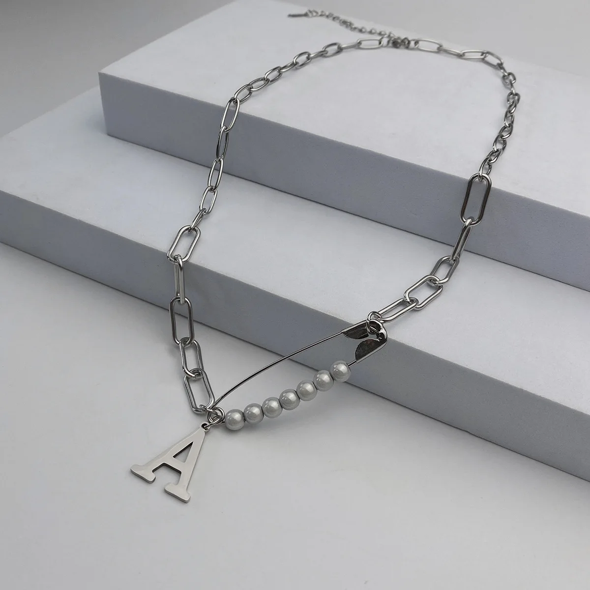 VIVILADY Hip Hop Titanium Steel Reflective Pearl Cross Necklace