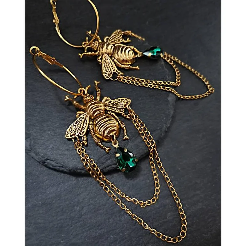 Dangle Earrings Goth Bumblebee Hoops Water Crystal Teardrop Witch Gothic Punk Grunge Jewellery Women Gift
