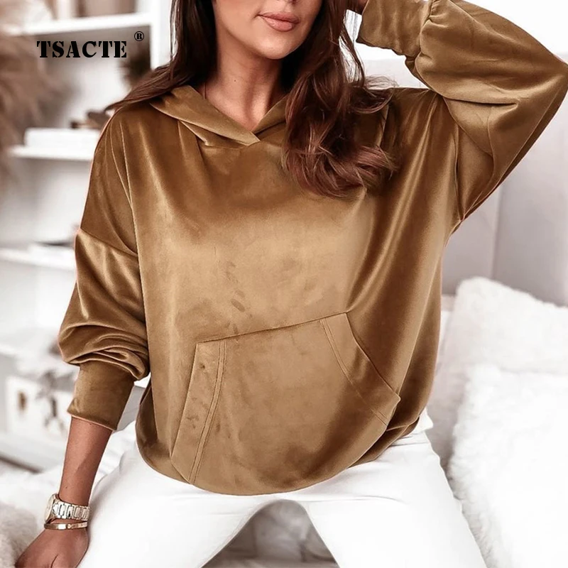 

Winter New Solid Loose Long-Sleeve Casual Velvet Sweater Fashion Vintage Hooded Pullover Fall Pocket Plus Sweatshirt Elegant Top