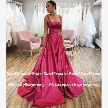 

Stylish Fuchsia Satin Evening Dress 2020 Spaghetti Strap A Line Long Court Train Prom Dresses Robe De Soiree