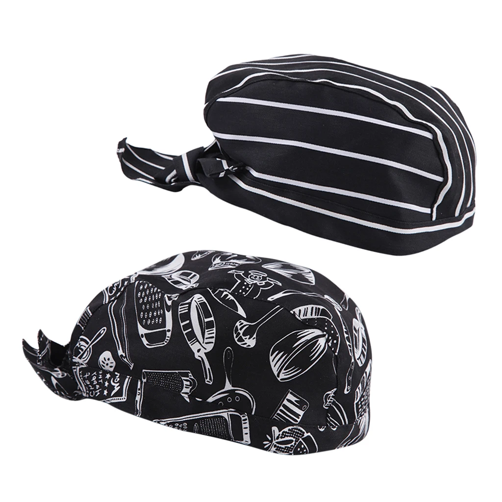 2 Pieces Unisex Chef Pirate Hat Cap Chef Headscarf Headwrap Black and White Stripes Chef Cap